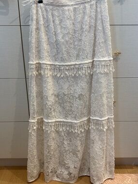 Elie Tahari White Lace Tiered Maxi Skirt with Fringe